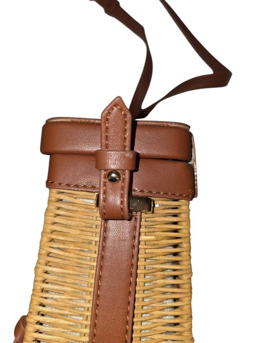 ZARA Wicker Crossbody Mini Basket Bag Straw Purse Brown Faux Leather Gold Clasp - Picture 4 of 7